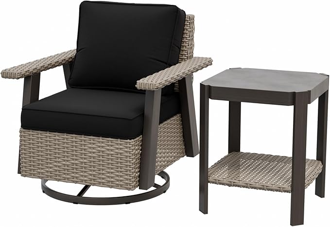 EAGLE PEAK Classic Wicker Patio Bistro Set of 2, Outdoor Patio Furniture with 360° Swivel Rocker Chair and Side Table, Lounge Set for Porch, Deck, or Balcony, Beige/Black