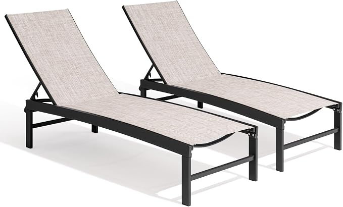 Crestlive Products Chaise Lounge Chair Outdoor Set of 2, Adjustable 5 Positions Pool Lounge Chairs, Metal Tanning Recliner, Outdoor Furniture All Weather for Patio, Beach, Yard, Pool
