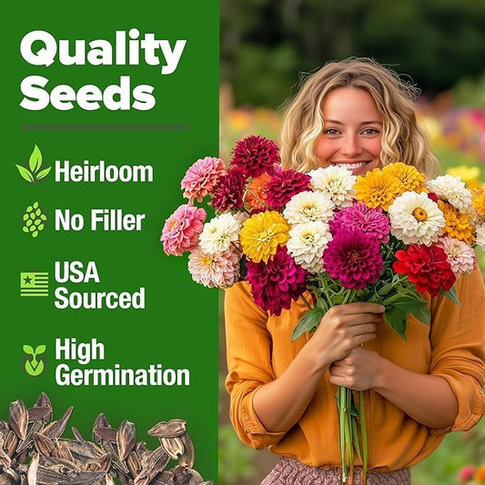 HOME GROWN USA Premium Zinnia Dahlia Seeds Pack for 2026,1048 Non-GMO Flower Seeds, Vibrant Zinnia Elegans for Planting Pollinator Gardens, Borders & Containers, Easy-to-Grow Outdoor Blooms