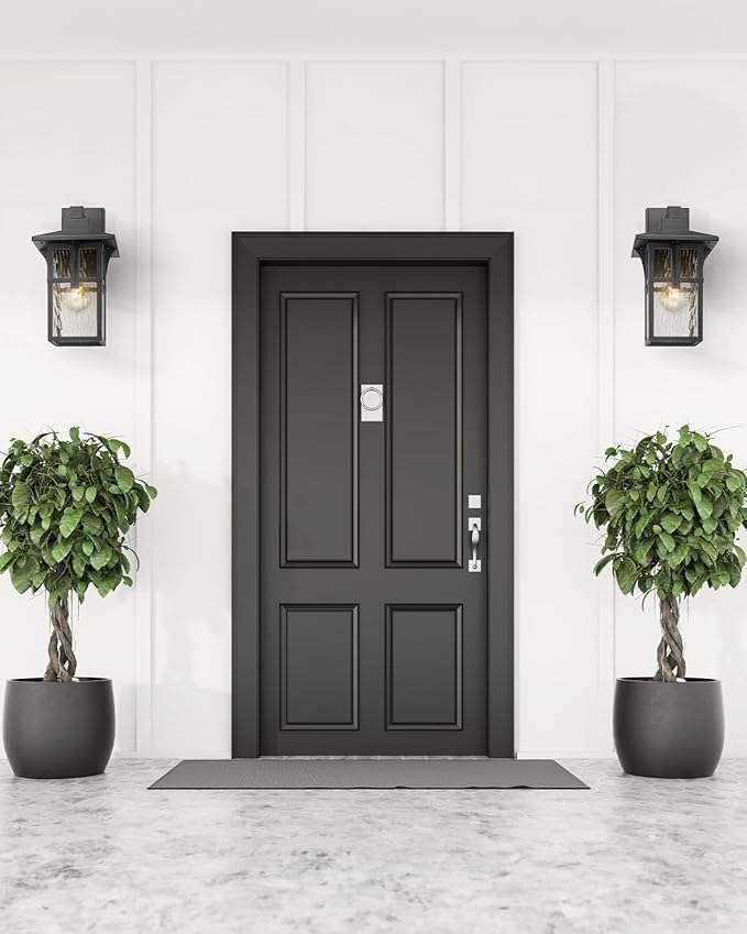 HWH INVESTMENT Outdoor Wall Lights, HWW Exterior Wall Lantern with Water Ripple Glass, Waterproof Porch Light Fixtures for Patio, Hallway, Matte Black, HX1B-SW BK (Large)