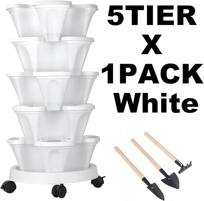 GameXcel Vertical Planter Tower - 5 Tier Stackable Garden Planters with Wheels and Tools Plant Pots for Strawberry Herb Flower and Vegetable Indoor Outdoor Use White