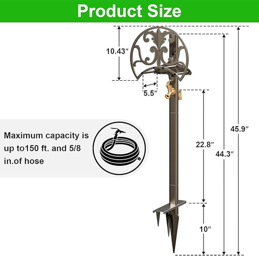 GOFORWILD Garden Hose Stand with Brass Faucet, Detachable Heavy Duty Water Hose Holder, Freestanding Metal Hose Reel Decorative Storage Hanger Holds 150-Feet Hose for Outside Patio Lawn Yard