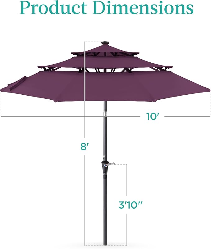 Best Choice Products 10ft 3-Tier Solar Patio Umbrella, Outdoor Market Sun Shade for Backyard, Deck, Poolside w/ 24 LED Lights, Tilt Adjustment, Easy Crank, 8 Ribs - Amethyst Purple