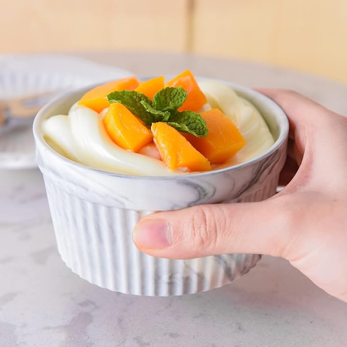 Yundu 8 Ounce Grey Marble Ceramic Ramekins - Perfect for Creme Brulee, Oven Safe Baking Bowls - Set of 6