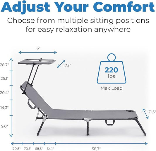 Folding Outdoor Set of 2 Lounge Chairs with Canopy - Portable & Adjustable Beach Lounge Chair - 5-Positions, Carry Handles, 600D Fabric, 220 lbs Capacity – Tanning Chaise Lounge for Beach, Patio, Lawn