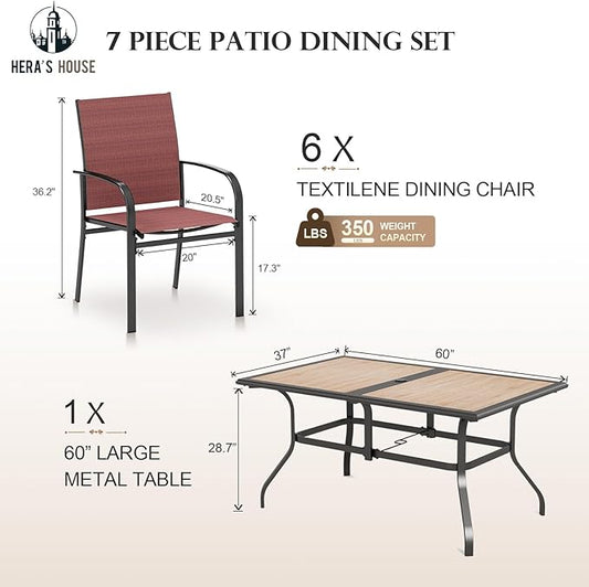HERA'S HOUSE Patio Table and Chairs Set, 60" Rectangular Outdoor PVC Table with Umbrella Hole, 7 Pieces Outdoor Dining Furniture Sets with 6 Patio Chairs for Backyard Lawn Garden Porch(Red)