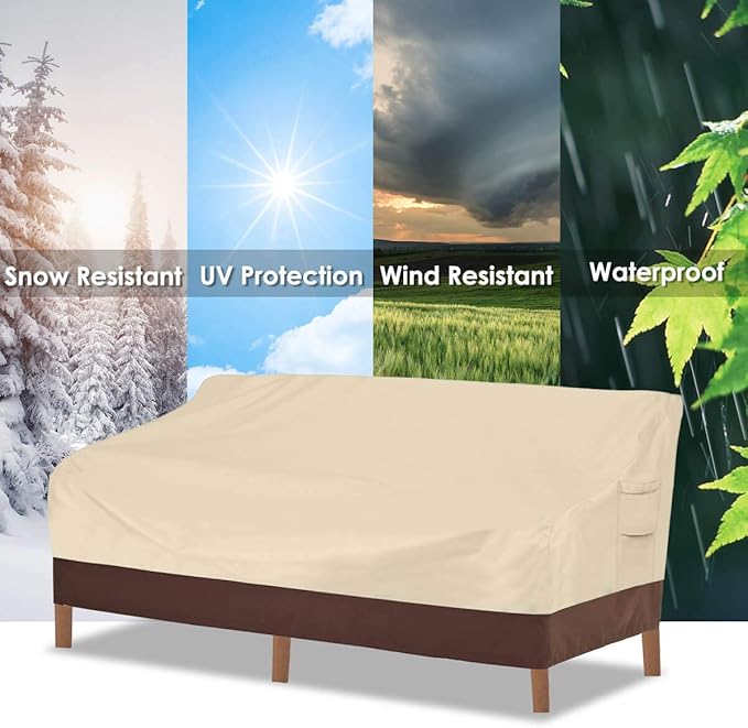 Vailge Heavy Duty Patio Sofa Cover, 100% Waterproof 3-Seater Outdoor Sofa Cover,Lawn Patio Furniture Covers with Air Vent and Handle,Beige&Brown
