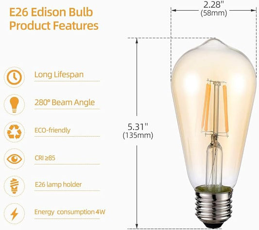 HESSION Vintage LED Edison Bulbs 4W ST58,Equivalent 60W,Dimmable,4 Pack E26 Base 400Lumens, 2700K Warm White, Antique LED Filament Bulb,85+ CRI, Edison Light Bulbs Amber Glass for Home, Bedroom