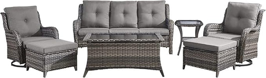 Wicker Patio Furniture-7 Pieces Rattan Patio Furniture Set Outdoor Patio Couch with Swivel Patio Chairs Ottomans and Coffee Table for Deck Poolside Backyard-Grey/Grey