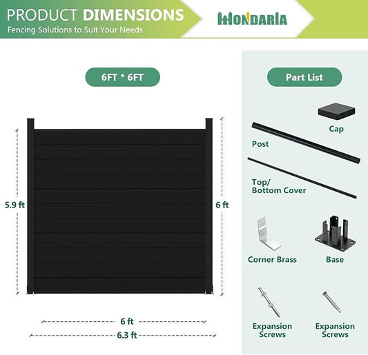 Mondaria Aluminum Privacy Fence Panels for Outside, 6ft(W) x 6ft(H) Decorative Fence with 2 No-dig Posts, Wind Resistant Fencing Panels for Yard, Patio & Pool (Black)