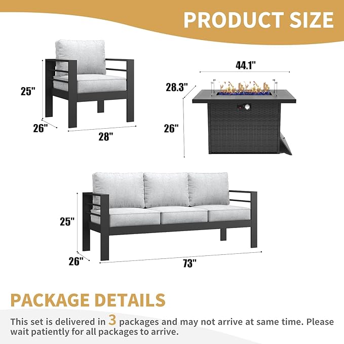 LayinSun Aluminum Furniture Set with Fire Pit Table, 4 Pieces Patio Sectional Conversation Chat Sofa Modern Seating Set