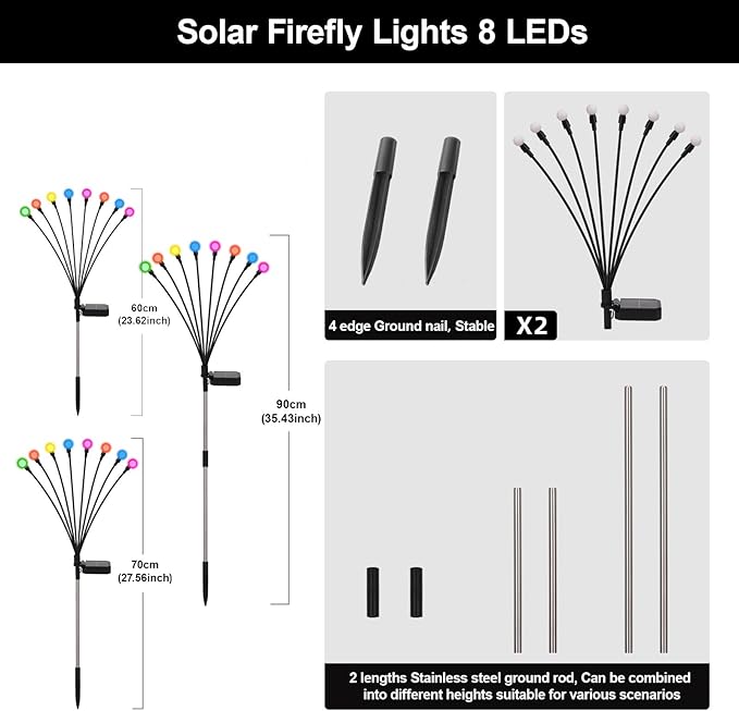 Solar Firefly Lights Multicolor, 2 Pack 800mAh Swaying Firefly Garden Lights Solar Powered Outdoor Waterproof Color Changing for Outside Yard Patio Lawn Pathway Walkway Stake Christmas Decor