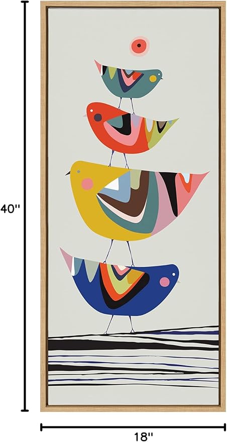 Kate and Laurel Sylvie The Family Tree Panel Framed Canvas Wall Art by Rachel Lee of My Dream Wall; 18x40 Natural; Adorable Block Print Bird Art for Wall