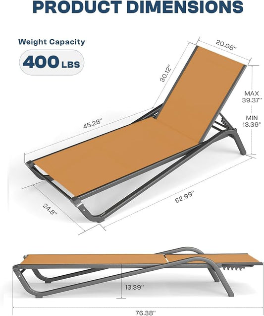3-Piece Patio Chaise Lounge Set with Side Table, Set of 2 Adjustable Pool Chairs and Aluminum Bistro Table, All-Weather Outdoor Furniture for Pool Deck, Patio & Tanning, Solar Orange