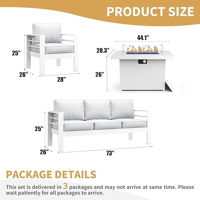 LayinSun Aluminum Furniture Set with Fire Pit Table, 4 Pieces Patio Sectional Conversation Chat Sofa Modern Seating Set