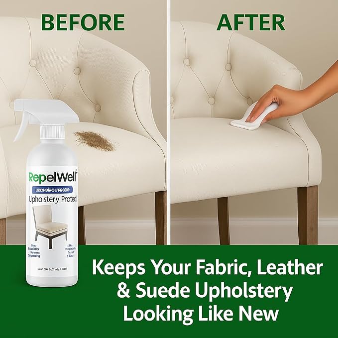 RepelWell Upholstery Protect Stain & Water Repellent Spray (12oz) Eco-Friendly, Pet-Safe Spray Keeps Your Fabric, Leather & Suede Upholstery Looking Like New