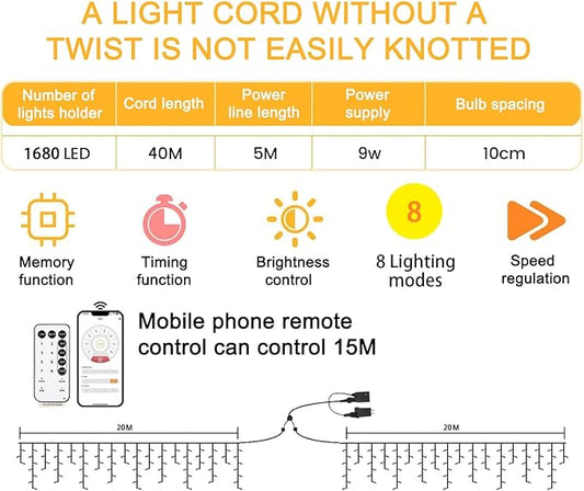 131ft Christmas Lights Outdoor, 1680 LED Waterproof 8 Modes String Light with App and Remote Control for Outside House Roof Decorations Indoor Decor-Warm White