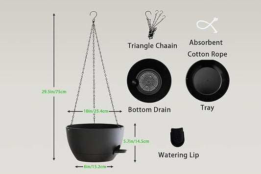 Hanging Planters, 3-Pack 10 Inch Self-Watering Pots with Drainage Holes and Chains, Matte Plastic Planters for Indoor/Outdoor Plant(Black)