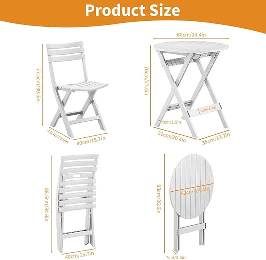 Plastic Folding Bistro Set, 3 Piece Patio Bistro Set, Portable Indoor Outdoor Table and Chairs with Backrest, Foldable Patio Furniture Set for Balcony, Porch, Backyard, Garden,Poolside (White)