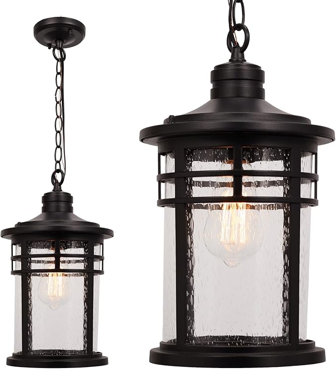 Darkaway Large Outdoor Pendant Lights, 15inch Outdoor Chandelier Hanging Porch Lights Outside Ceiling Mount Aluminum with Seeded Glass for Front Door Gazebo Patio (Large, Black)