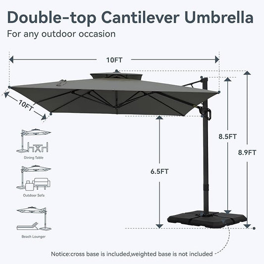 GREEN PARTY 10x10 ft Cantilever Patio Umbrella, Outdoor Offset Umbrellas with 360° Rotation, 5-Year-Non-Fading Hanging Pool Umbrella for Garden Deck Poolside - Grey