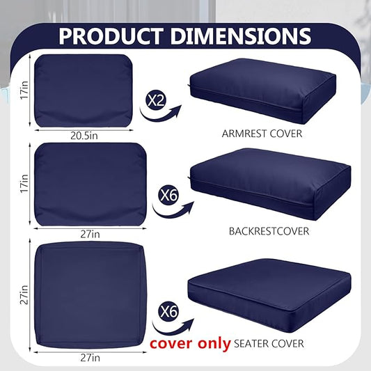 14 Piece Outdoor Patio Waterproof Cushion Covers, Fits 6-Seat Wicker Rattan Sectional Couch Chair Furniture Cover Replacement Set - Fade-Resistant Patio Cushion Covers with Zipper