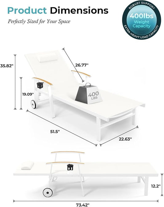 Ciokea Outdoor Lounge Chair with Pillow Set of 4, 5-Position Chaise Lounge with Wheels & Armrests, 400 lbs Heavy Duty Aluminum Pool Lounge Chairs, for Beach, Deck, Poolside & Backyard, White