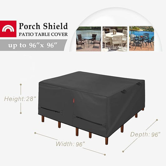 Porch Shield Patio Table Cover - Waterproof Outdoor Dining Table and Chairs Furniture Set Cover Square - 96 x 96 inch, Black