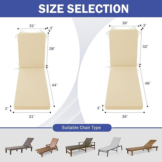Chaise Lounge Cushions Outdoor, Waterproof Lounge Chair Cushion, 80x 26x 3 Inch Outdoor Chair Cushions with Ties, High-Density Foam Patio Lounge Chair Pads for Lawn, Pool & Beach, Beige