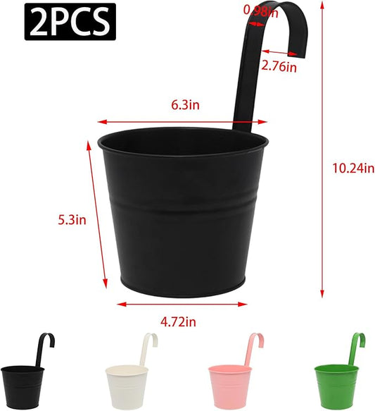 Hanging Planters Set of 2 - Small Modern Black Outdoor Pots with Sturdy Hooks, Space-Saving Design for Patio, Garden, Balcony - Durable Weather-Resistant Plant Containers