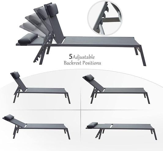 Domi Patio 3 Pieces Textilene Chaise Lounge Set with Side Table Outdoor,Adjustable Back&Pillow for Yard,Garden,Sunbathing,for All Seasons,Grey