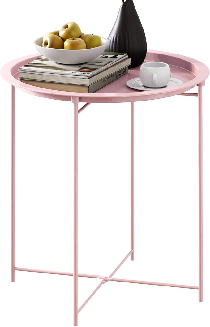 End Table Set of 2,Pink Outdoor Side Table, Small Patio Round Folding Metal Side Tables for Outdoor,Living Room,Bedroom Balcony and Office, 2 PCS