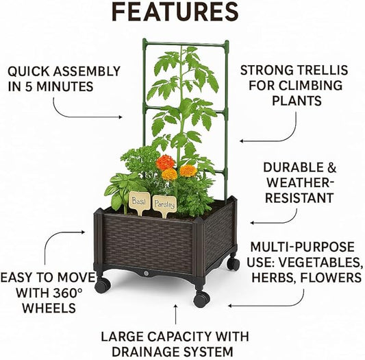 Sherbo Raised Garden Bed Planter Box on Wheels with Trellis, Rattan Style Raised Planter for Outdoor Plants, Compact Mobile Planter Box for Patio or Balcony