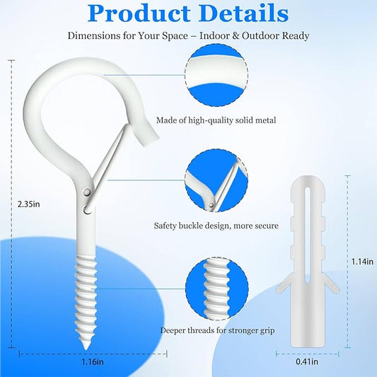 12 Pack Black Screw Hooks with Safety Buckle - 2.3 Inch Rustproof Eye Ceiling Hooks for Hanging Plants,Outdoor String Lights,Baskets,Christmas Lights & Decor,40lb Capacity (12, White)