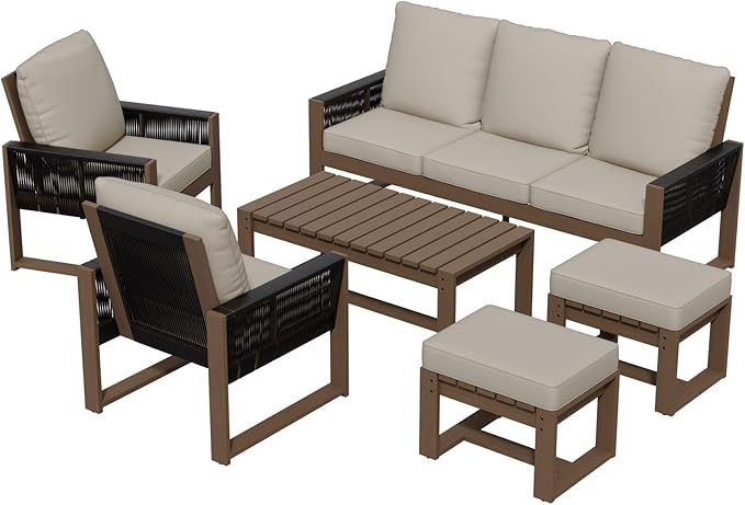 Rustic Hideaway Natural Cedar Wood Outdoor Furniture Set, Wicker Patio Conversation Set for Porch Garden Backyard, Couch, 2 Patio Chairs, Table and 2 Ottomans, 6 Piece, Brownish/Beige