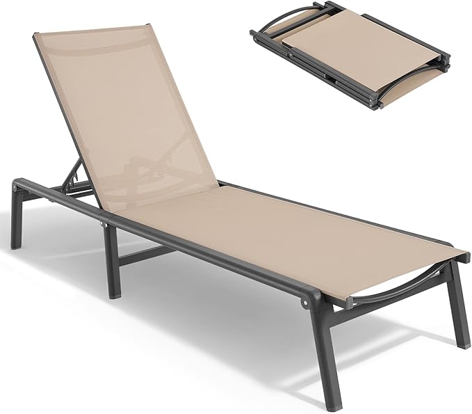 ONBRILL Aluminum Chaise Lounge Chair Outdoor, Foldable & Assembly Free Outdoor Lounge Chair with 5 Position Adjustable Backrest, Patio Pool Lounge Chairs for Outside Poolside Beach Lawn, 1PC, Khaki