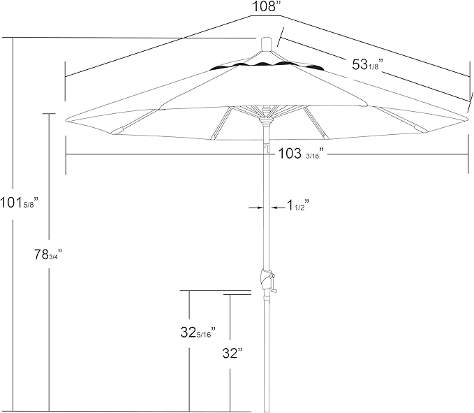 California Umbrella 5-Year-Non-Fading, 9Ft Premium Patio Umbrella, Hand-Crank, Button-Tilt, White Frame, Solution Dyed Hunter Green Fabric