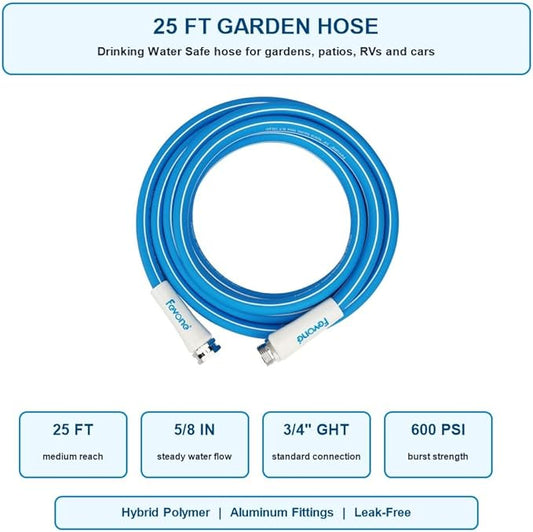 FEVONE 25 ft x 5/8 in Garden Hose, Drinking Water Safe Flexible Water Hose, Lightweight Hybrid Polymer Hose, Kink-Resistant, 3/4 in Aluminum Fittings, Leak-Free, 600 PSI