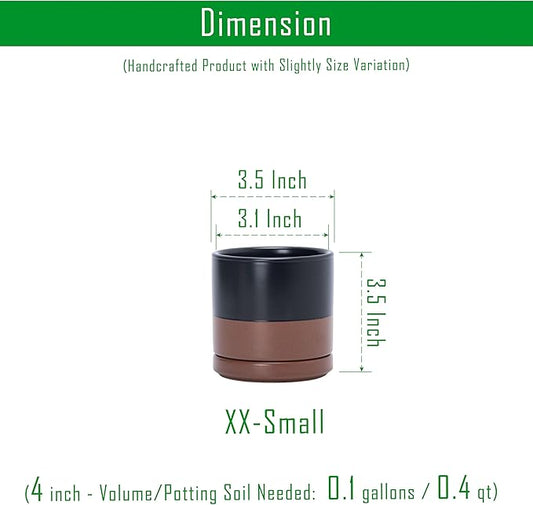 D'vine Dev Set of 2 Plants Pots, 3.5 Inch Ceramic Planter Pot for Plants with Drainage Hole and Saucer, Black/Speckled Tan, 94-V-A-7