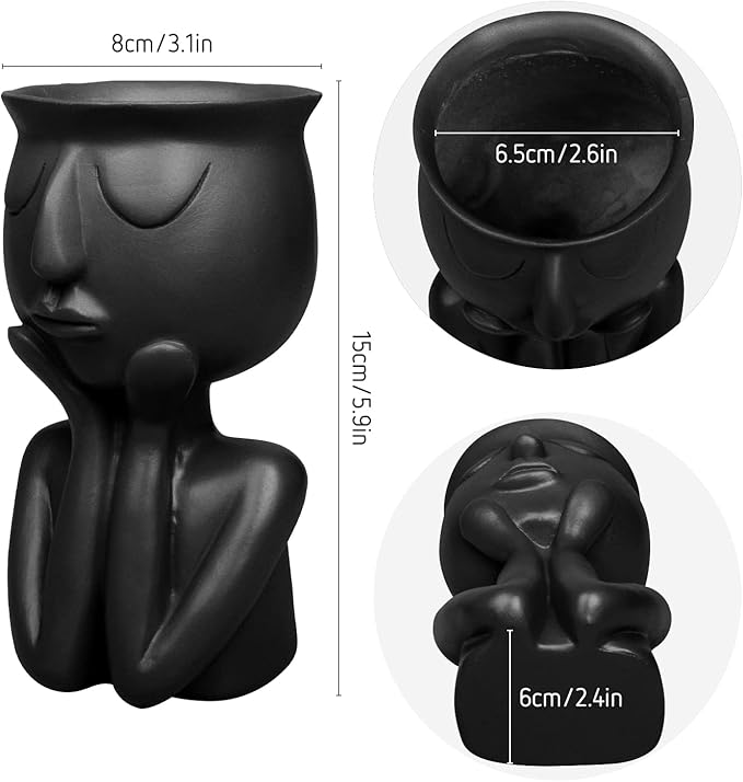 Simple and Creative Decorative Flower Pots, Resin Face Planter Pots, Vase for Small Succulent, Flower Pot Pencil Pen Holder, Minimalist Decorative, Modern Vases for Home Office Shelf Decor (Black)