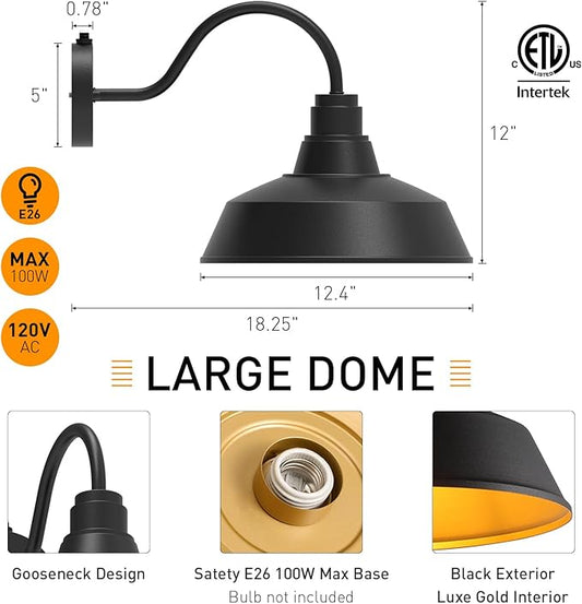 12.4" Dome Gooseneck Barn Light, Outdoor Anti-Rust&Waterproof Farmhouse Wall Sconce, Wall Lanterns for Porch/Patio, E26 Base 100W Max(Black 1-Pack Dusk to Dawn Outdoor Lighting)