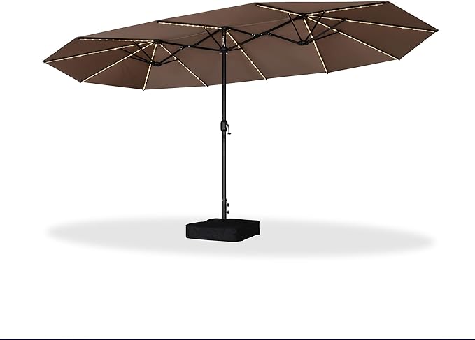 PURPLE LEAF 15ft Patio Market Umbrella with Solar LED and Base Double-Sided Rectangle Outdoor Table Sun Umbrellas with Crank for Pool Beach Deck Backyard Taupe