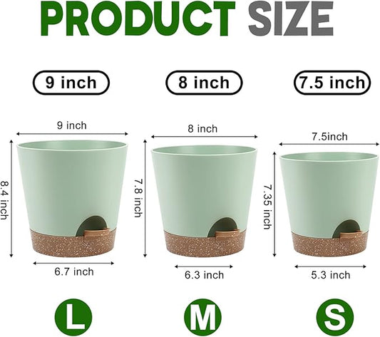 YNNICO Indoor Self Watering Planters with Drainage Holes and Saucers, 9,8, 7.5 Inches, Green, 3 Pots (Springgreen)