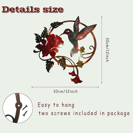 Zoihet Round Metal Bird Wall Art Decor - Hummingbird Wall Art Silhouette for your patio, garden, and fence Art Decor, Bird Wall Silhouette Indoor and Outdoor Hanging (Red)