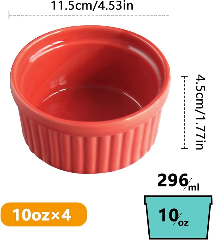 Cinf Porcelain Ramekin Red 10 oz Pudding Bowls Dishes Cup for Baking- Set of 4,Souffle Cups Dishes, Creme Brulee, Custard Cups, Desserts, Oven, Microwave, Freezer and Dishwasher Safe