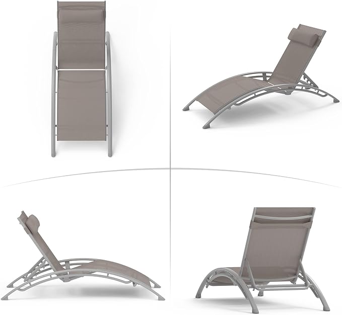 Domi Outdoor Chaise Lounge Set of 3 Patio Recliner Chairs with Adjustable Backrest and Removable Pillow for Indoor&Outdoor Beach Pool Sunbathing Lawn Khaki