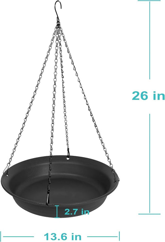 VUWEZ Hanging Bird Bath, Hanging Bird Water Feeder for Outdoors, Feeder Bowl, 1 Pack Birdbath Tray Accessories for Outside, Plastic Birdbaths Tray for Garden Patio Decoration (14", Dark Black)