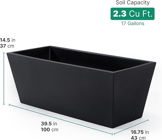 Step2 Tremont Trough Planter, Large Planters for Outdoor Plants, Gardening and Flower Pot for Patio or Porch, Efficient Drainage, Durable Plastic, Black, 2-Pack