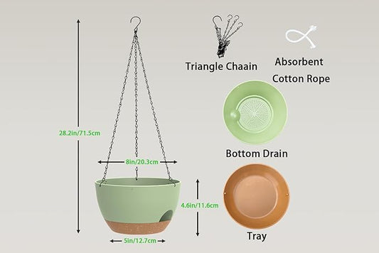 Hanging Planters 3-Pack, 8 Inch Self-Watering Hanging Pots with Drainage Hole and Chains, Plastic Planters for Indoor Outdoor(Green Brown)