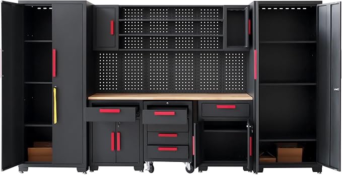 Red Garage Cabinet Storage System 9-Pcs Workshop Set Garage Cabinet and Storage System for Tool Organization